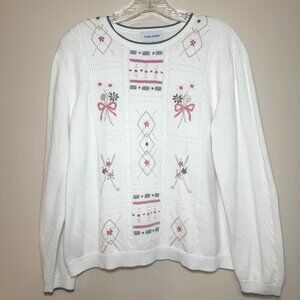 Alfred Dunner rare vintage knit sweater cotton raime pink bow navy ribbon large